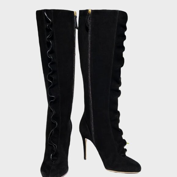 NEW VALENTINO GARAVANI BLACK SUEDE RUFFLE EMBELLISH KNEE BOOTS ITALIAN 36.5 - Picture 1 of 8